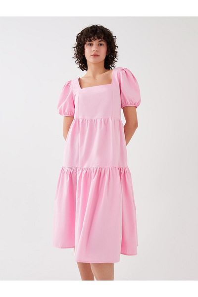 LC Waikiki Damenkleid – quadratischer Kragen und einfarbige Ballonärmel