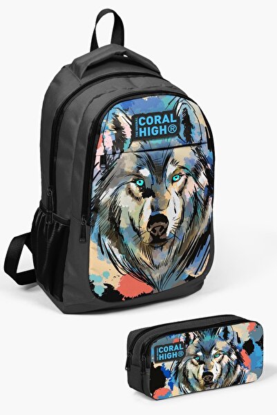 Coral High Kids Gray Black Wolf Patterned 2-Piece School Bag Set SET0214404