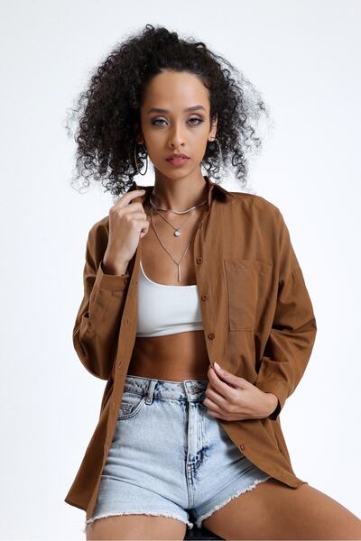 MD trend Women's Brown Pocket Oversize Long Basic Poplin Shirt