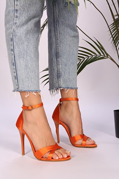 Shoeberry Women's Elena Orange Satin Heeled Shoes