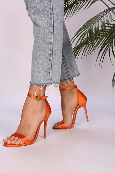 Shoeberry Women's Slyva Orange Satin Single Strap Heeled Shoes