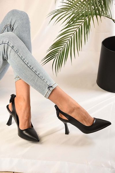 Shoeberry Sisilya Black Skin Stiletto-Absatz mit offenem Rücken für Damen