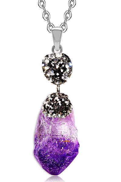 Tesbih Atölyesi Certified Zircon Embroidered Raw Natural Amethyst Stone Necklace -AAA Quality