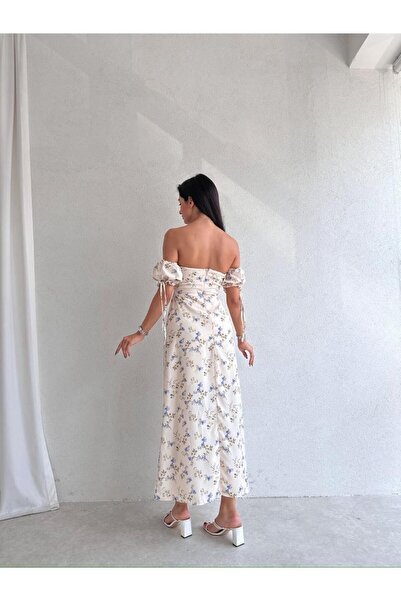 munora butik Floral Patterned Midi Yellow Dress with Chest Cups