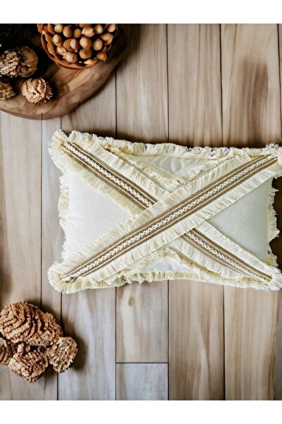 NDC HOME Cross Multiple Tassels Linen Cream Throw Pillow Cushion Cover (35 x 55)