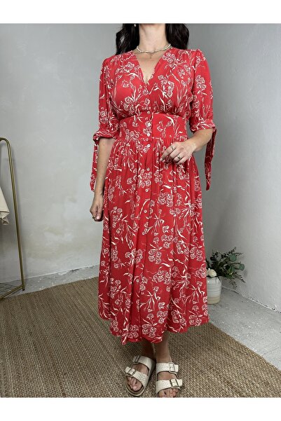Muaz KADIN KIRMIZI ÇİÇEK DESENLİ ÖNDEN DÜĞMELİ BELİ LASTİKLİ ELBİSE