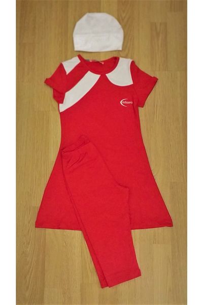 Adasea Short Sleeve Below Knee Tights Children's Pool Swimsuit red