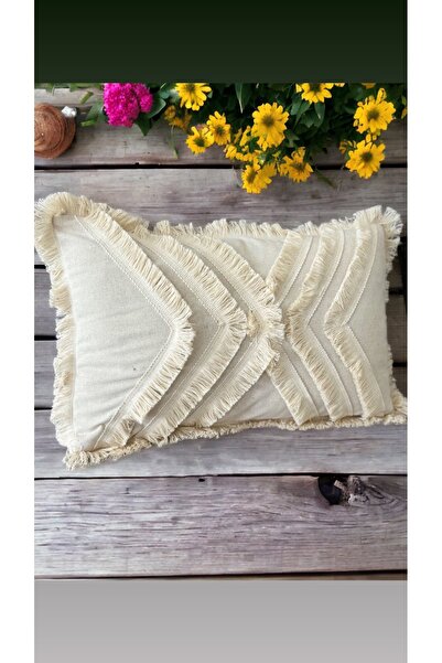 NDC HOME Cream Linen Throw Pillow with Multiple Tassels Cushion Cover (35 x 55)