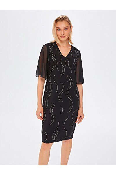 Faik Sönmez Taş Süslemeli Şifon Kollu V Yaka Abiye Elbise 67113