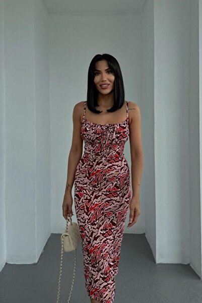 Hisleria Καλοκαιρινό Μικτό Μοτίβο Μίντι Φόρεμα με Δέσιμο Μπροστινό Σκίσιμο - Μικτό