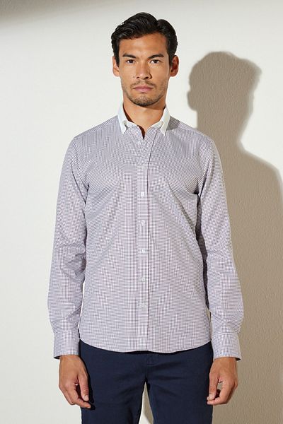 BROOKS BROTHERS Мъжка винено-бяла прилепнала риза с яка и копчета от 100% памук