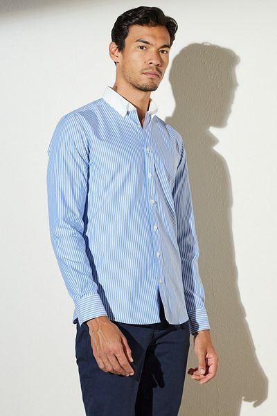 BROOKS BROTHERS Blau-weißes Slim-Fit-Hemd mit Knopfkragen für Herren aus 100 % Baumwolle mit Muster