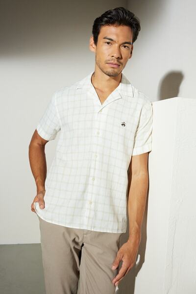 BROOKS BROTHERS Erkek Bej Ekoseli Comfort Fit Apaş Yaka Desenli Kısa Kollu Gö...