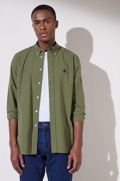 BROOKS BROTHERS Khakifarbenes Slim-Fit-Hemd mit Knopfleiste für Herren