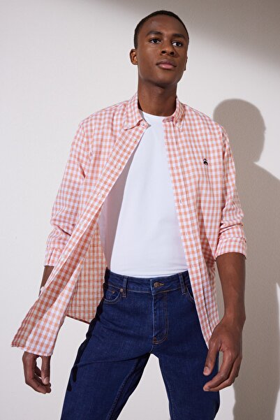 BROOKS BROTHERS Ανδρικό πουκάμισο με γιακά με κουμπιά Comfort Fit καρό σολομού