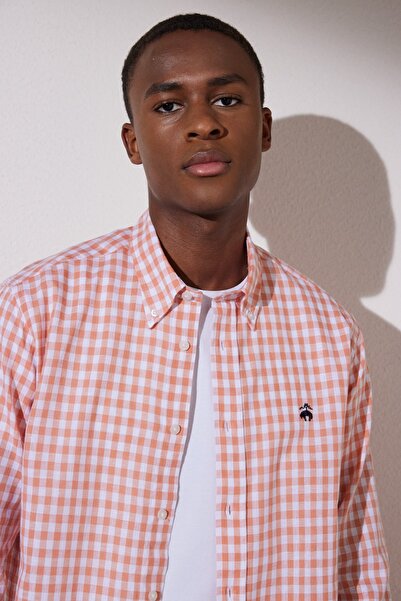 BROOKS BROTHERS Ανδρικό πουκάμισο με γιακά με κουμπιά Comfort Fit καρό σολομού