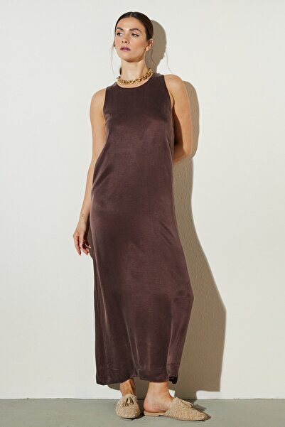 BROOKS BROTHERS Kadın Kahverengi Regular Fit Bisiklet Yaka Sırt Detaylı Elbise