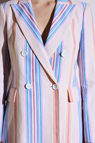BROOKS BROTHERS Women's Salmon Regular Fit Pointed Collar Block Striped Linen Jacket