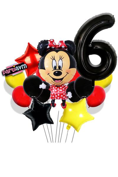 PARTİAVM Mini Mouse Balloon Set with Black Number Balloons Minnie Mouse Ballo...