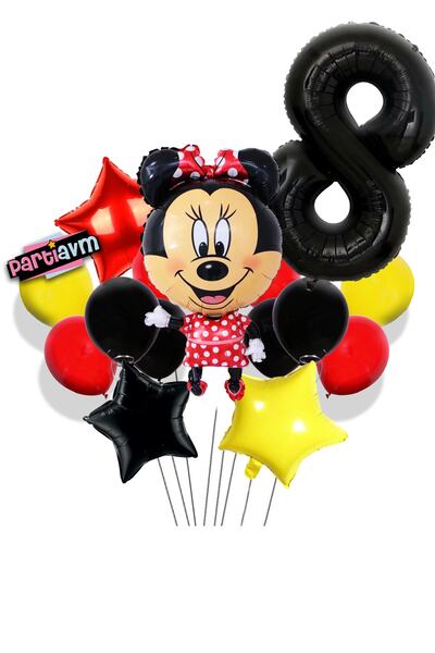 PARTİAVM Mini Mouse Balloon Set with Black Number Balloons Minnie Mouse Ballo...