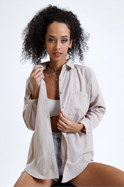 MD trend Women's Beige Pocket Oversize Long Basic Poplin Shirt