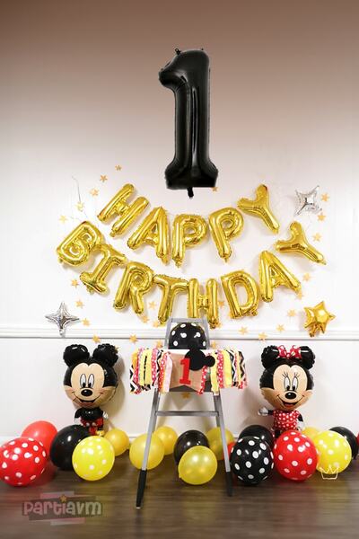 PARTİAVM İyi ki Doğdun Rakam Balonlu Mini Fare Miki Fare Balon Set Minnie Mic...