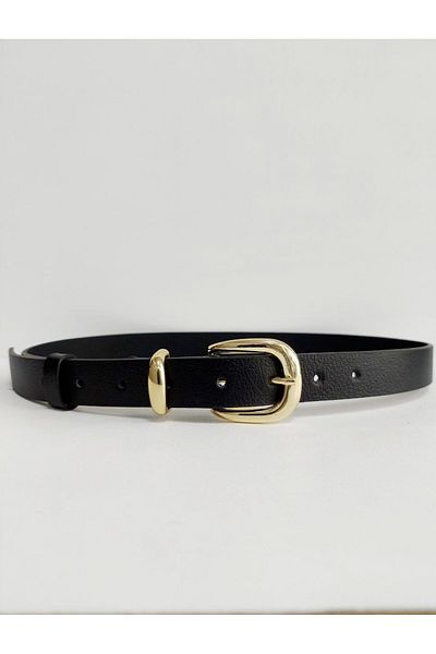 Kemerix 100% Genuine Leather Women's Black Belt with Gold Buckle