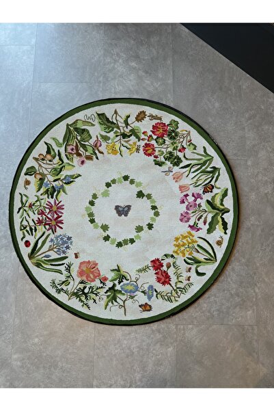 Rugs Modern Halı Beyaz Botanik Tema Dokuma Taban Yuvarlak Halı Mira 1430
