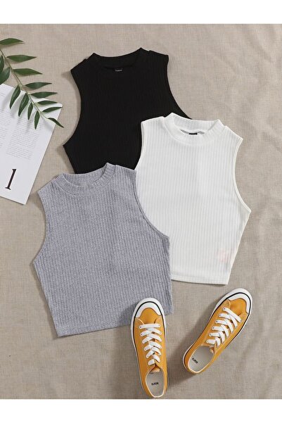 ÖZ PAMUK Γυναικεία 3 τεμάχια με ραβδώσεις 100% ΒΑΜΒΑΚΙ Πλεκτή Καμισόλε Μπλούζα Crop Athlete