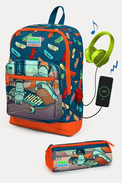 Coral High CoKids Civit Neon Turuncu Kaykay Desenli USB Girişli 2'li Okul Çan...