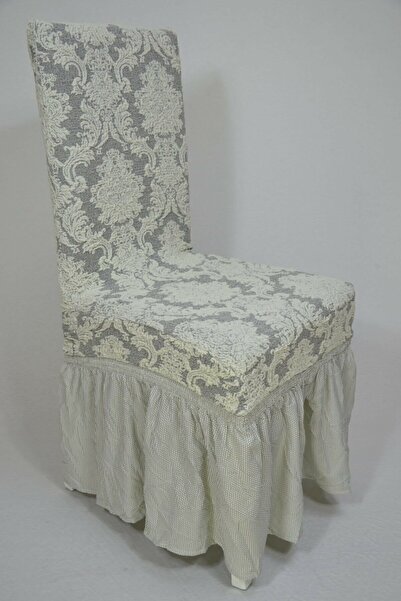 HEYTGAH Jakarlı Lüks Sandalye Kılıfı (6 ADET)lastikli Streç Yıkanabilir Etekli Sandalye Örtüsü 6li Set Krem