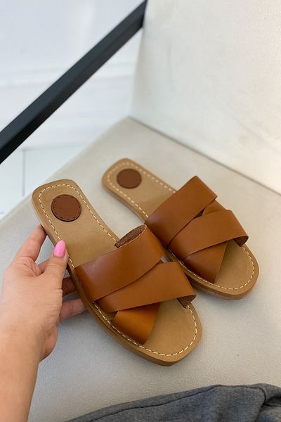 SHOEBELLAS Malli Tan Leather Cross Women's Slippers