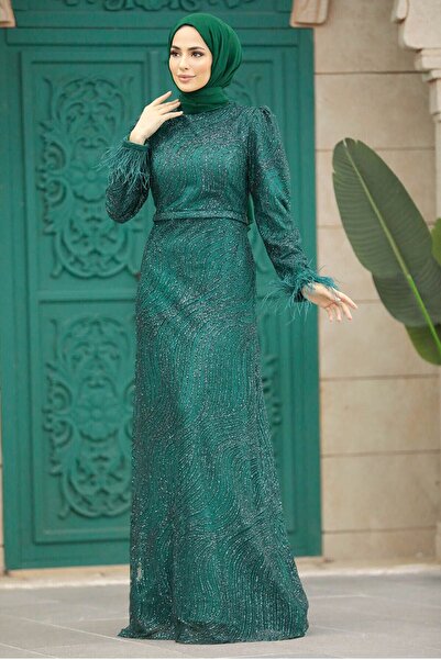 Neva Style فستان سهرة حجاب - فستان سهرة حجاب أخضر زمردي فضي 2323ZY