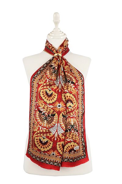Bursa İpek Red Gold Peacock Narrow Silk Scarf