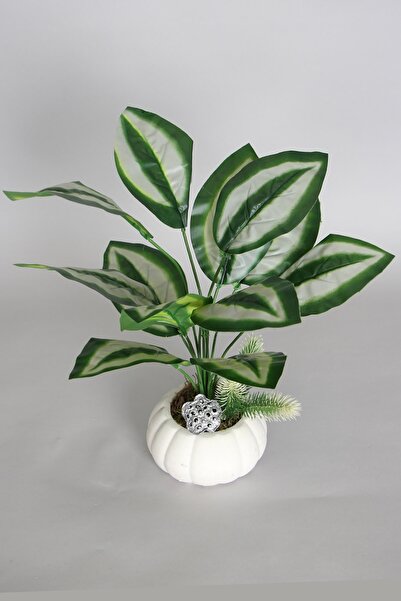 Yapay Çiçek Deposu Ahşap Ayaklı Beton Saksida Yapay 12 Yapraklı Bitki 50 cm Model 7