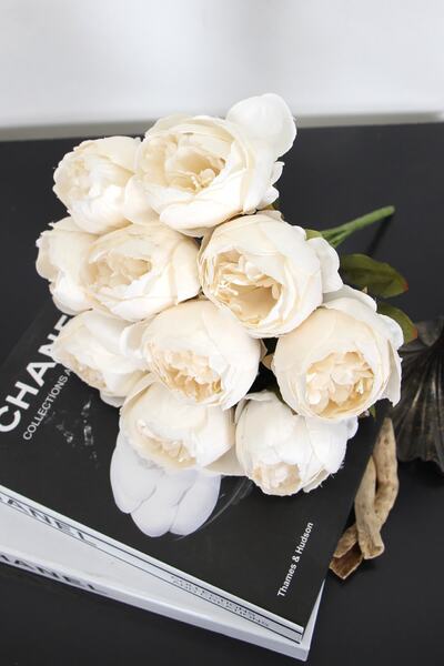 Yapay Çiçek Deposu Изкуствени цветя 10 стръка Луксозна перлена роза Rosa Lucieae 40 см Бяла