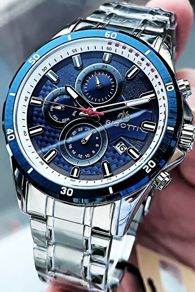 Bigotti Full Çelik Erkek Kol Saati 5 Atm Su Geçirmez Gümüş-Mavi Renk + Bileklik BME2002C2