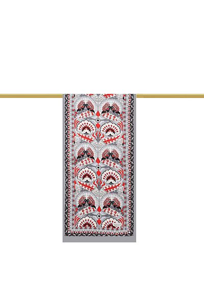 Bursa İpek Gray Red Peacock Narrow Silk Scarf