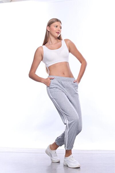 Tight Lady Kadın Şeritli Gri Melanj Yazlık Lastikli Paça Klasik Eşofman Altı