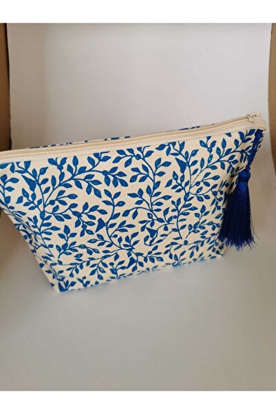 kuşakk Ham Bez Clutch Çanta Mavi Baskılı