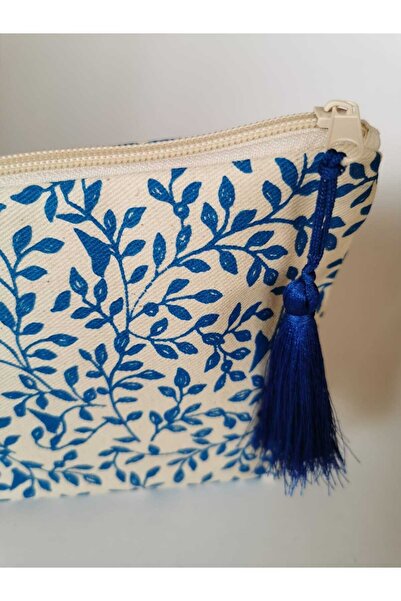 kuşakk Ham Bez Clutch Çanta Mavi Baskılı
