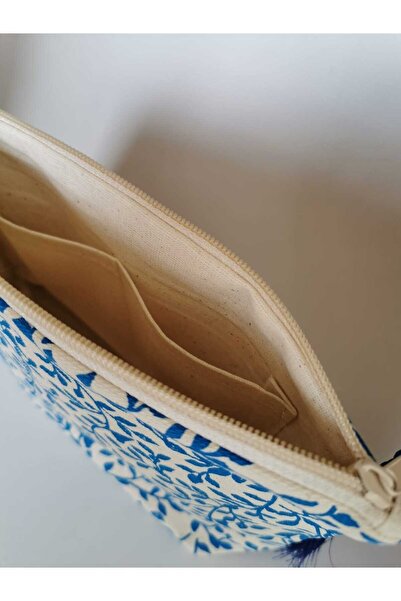 kuşakk Ham Bez Clutch Çanta Mavi Baskılı