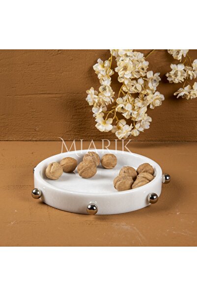 MIARIK DESIGN & DEKORASYON DEKORATİF MERMER GUMUS RENK TOP KABARE DETAYLI TEPSİ