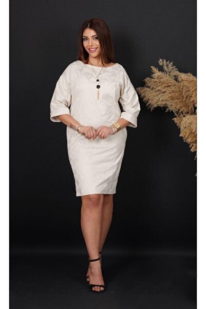 ModaMania Çiçek Desenli Bej Rengi Büyük Beden Jakar ELbise