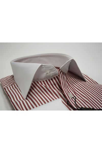 Chamis SLIMFIT CONTRAST COLLAR RED STRIPED LONG COLLAR SHIRT