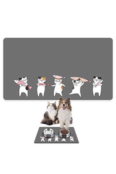 Monnhein Mama Ve Su Evcil Hayvan Beslenme Matı, Kolay Temizlenir, Su Geçirmez (50X35, GRİ KEDİLER BALIK)