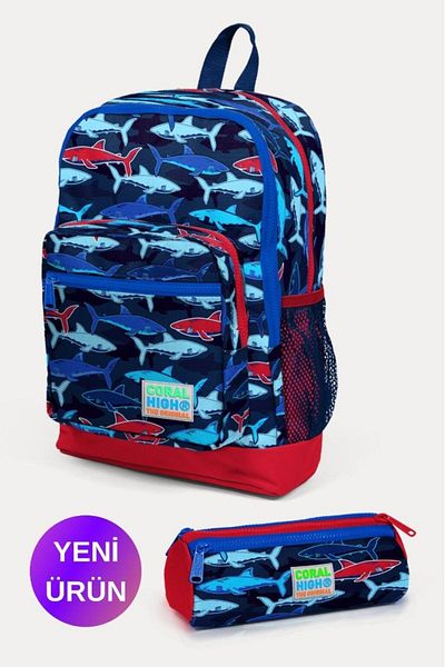 Coral High Kids Navy Blue Red Shark Patterned 2-Piece School Bag Set GOSET0223718