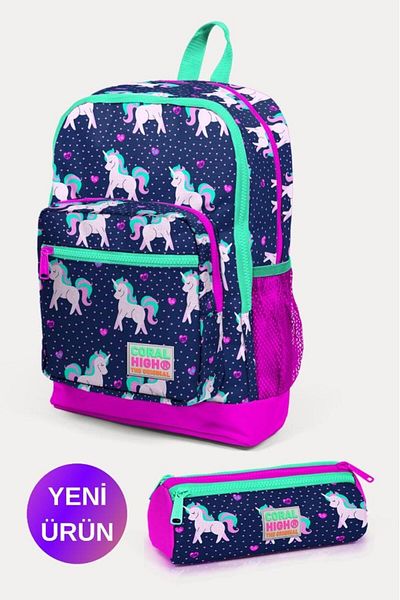 Coral High Set de 2 genți de școală cu model de unicorn, albastru bleumarin, roz GOSET 0223467