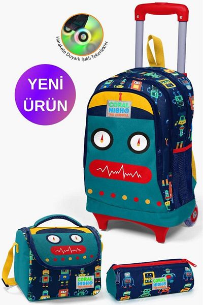 Coral High Set de genți din 3 piese cu model robot bleumarin pentru copii cu racletă GOSET 0123380