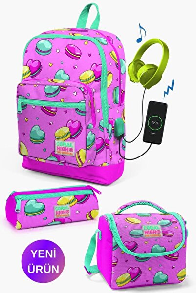 Coral High Set de 3 genți de școală cu model Macaron, roz deschis și verde ap...